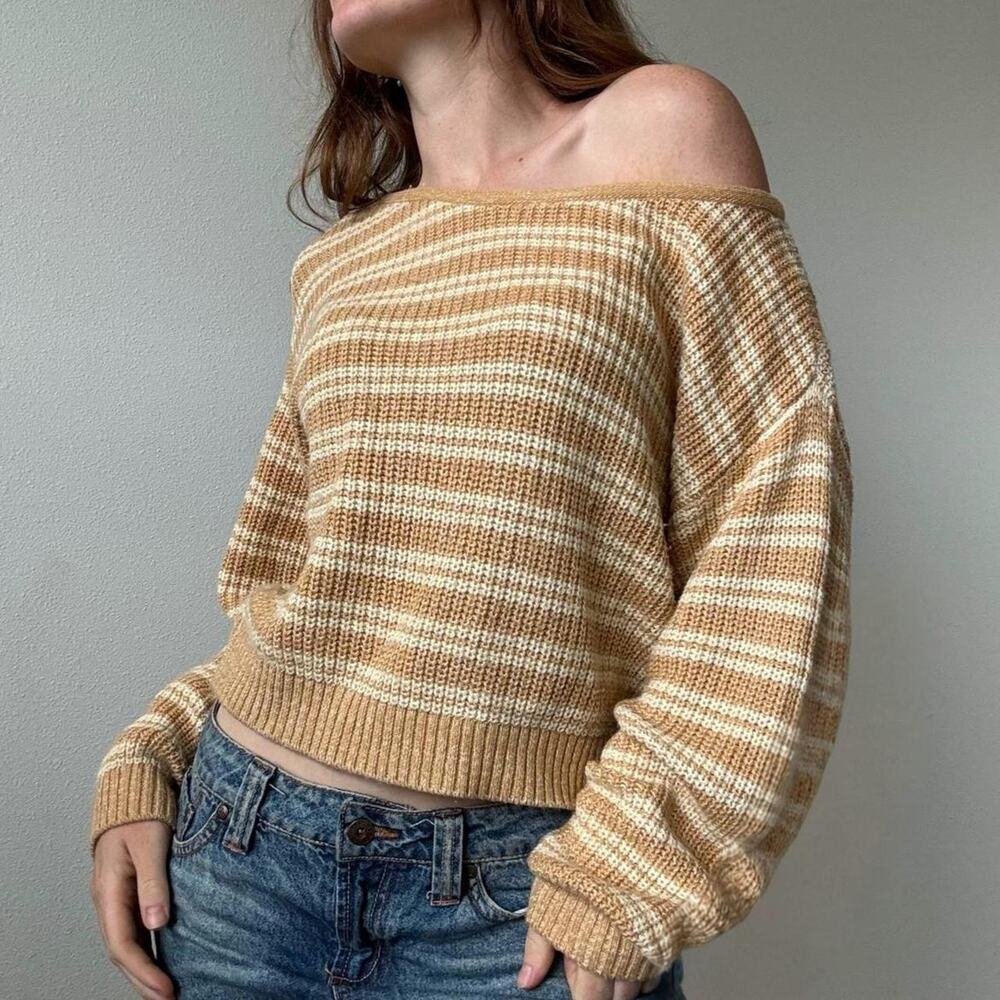 Billabong tan and cream chunky knit off the shoulder sweater